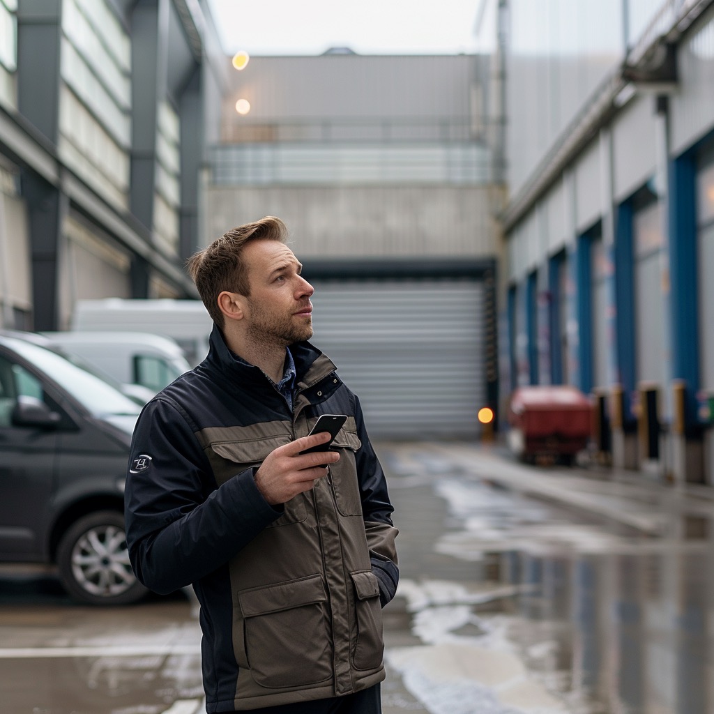 Commerciale sul campo che coordina attivita e materiali vicino allo stabilimento