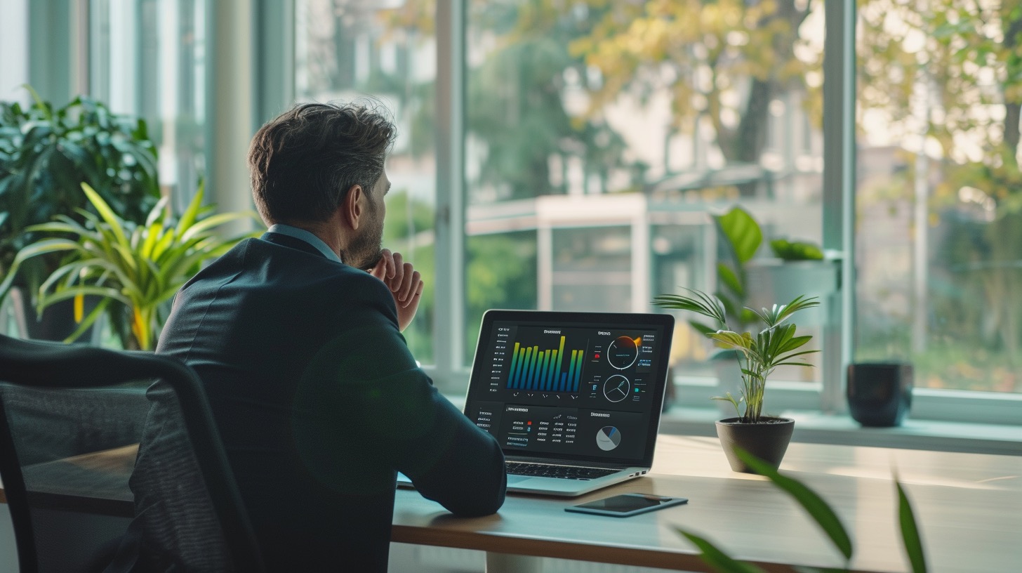 Responsabile che consulta documenti e dati commerciali in ufficio