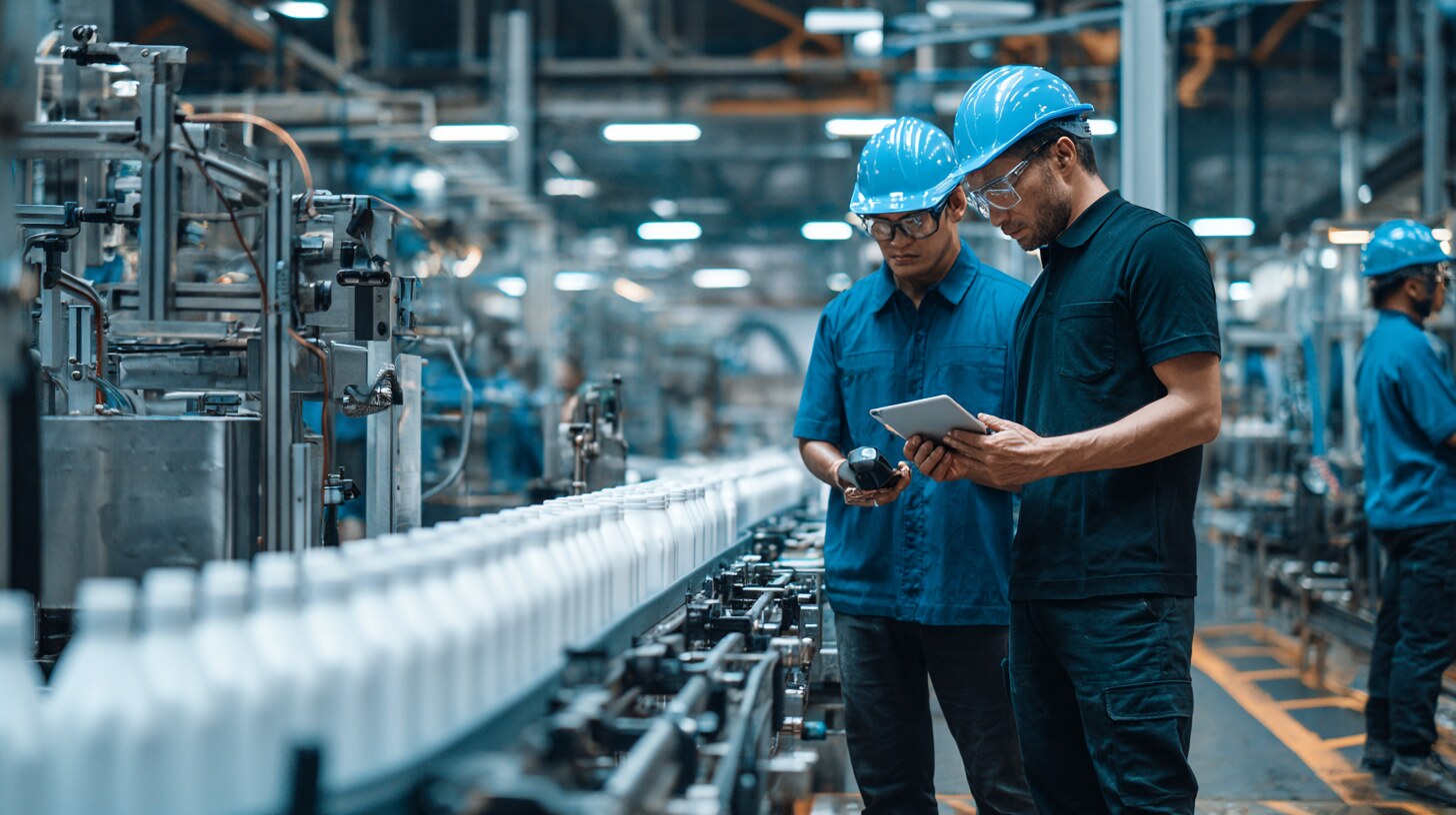 Operatori che verificano controlli di qualita in impianto industriale