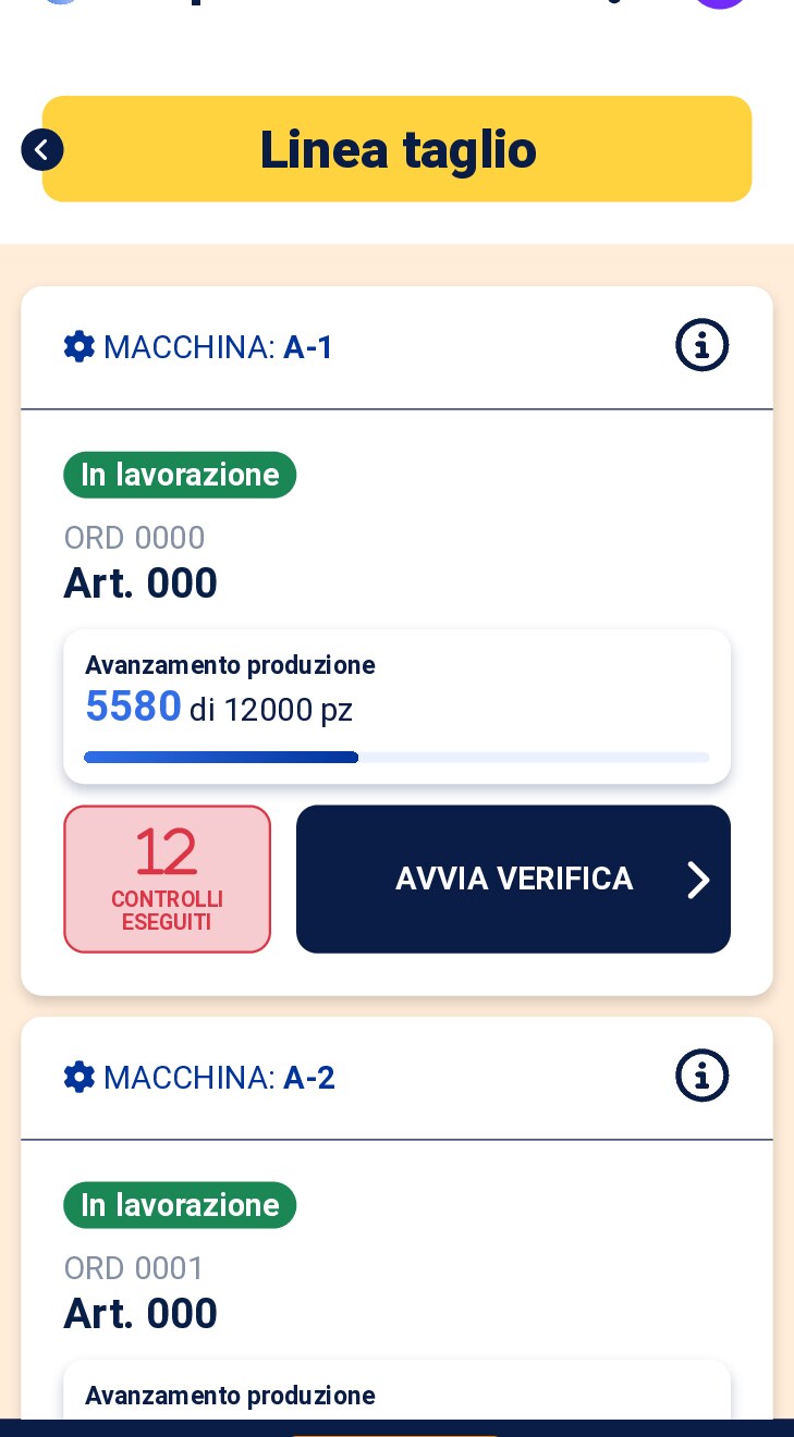 Ordini in lavorazione con avanzamento produzione e verifiche da avviare
