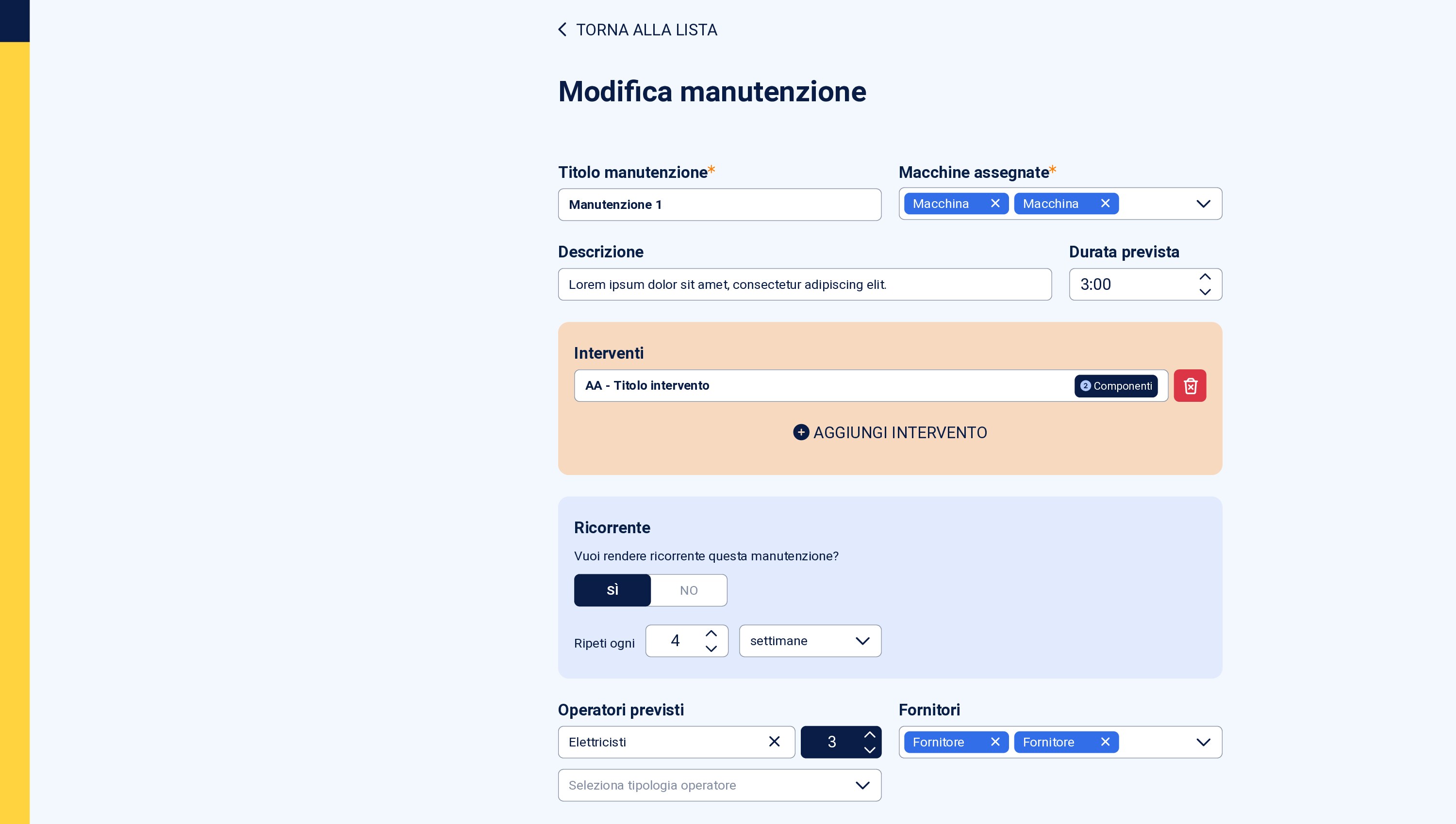 Pianificazione di una manutenzione ricorrente con interventi, operatori e fornitori