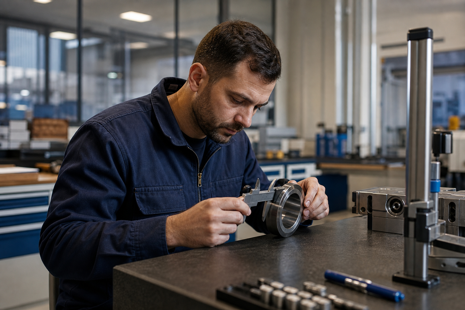 Tecnico durante un controllo di precisione su un componente industriale